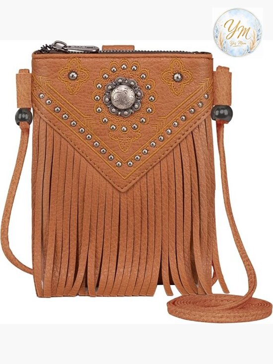 Handbags - Western Crossbody Mini Phone Purse with Fringe and Studs